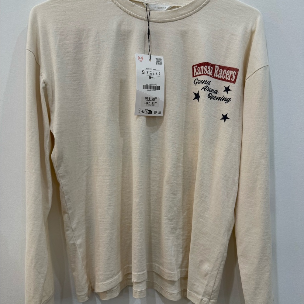 Zara Cream Long Sleeve Tee with Red & Black Graphic